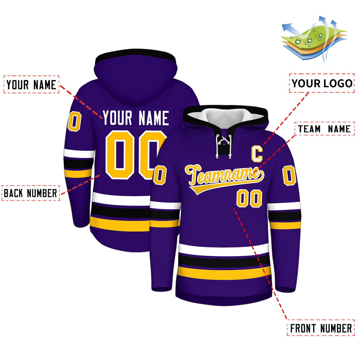 Custom Hockey Hoodie Jersey Purple Black Classic Style for Men&amp;Youth