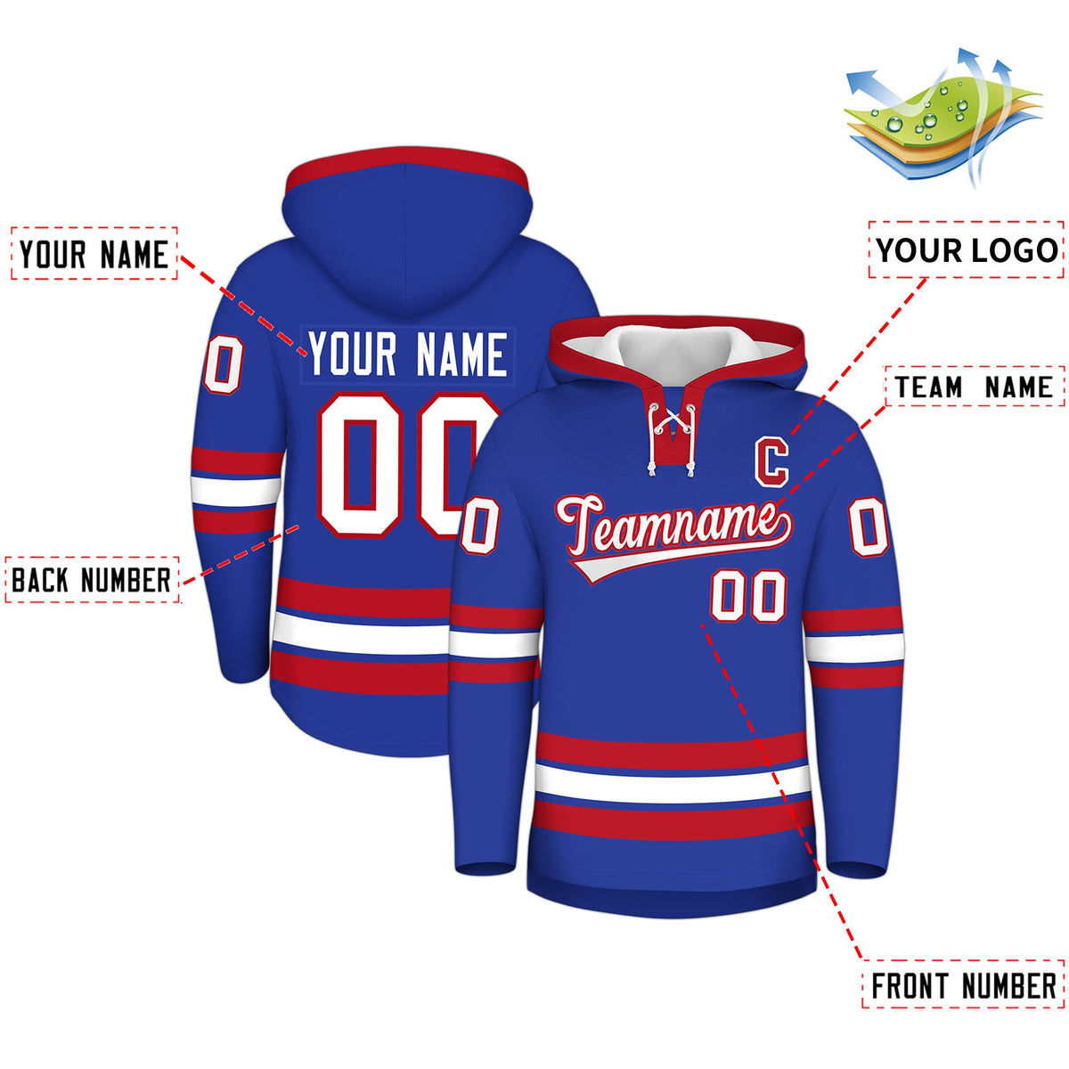 Custom Hockey Hoodie Jersey Royal Blue Red Classic Style Add Name,Number&amp;Logo