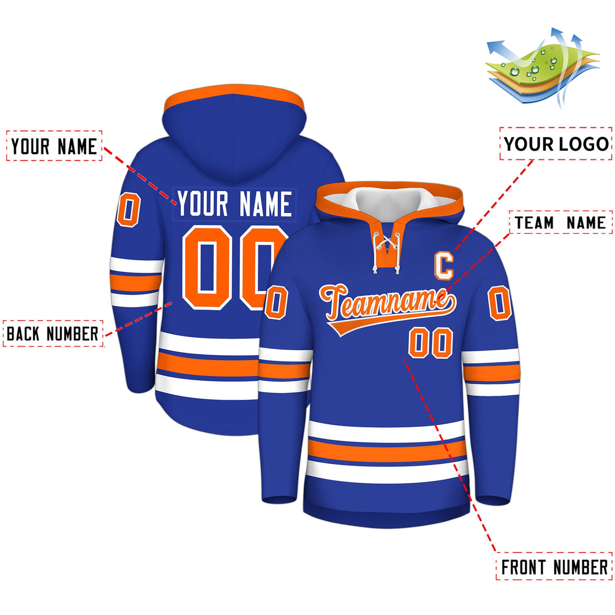 Custom Hockey Hoodie Jersey Royal Blue Orange Classic Style for Men&amp;Youth