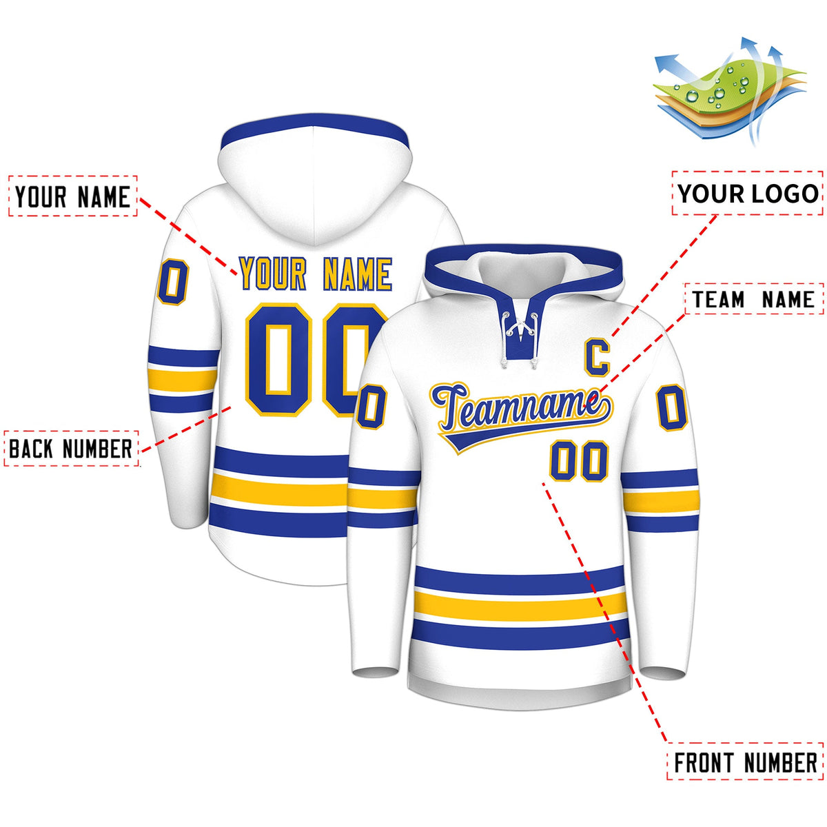 Custom Hockey Hoodie Jersey White Royal Blue Classic Style Add Name,Number &amp; Logo