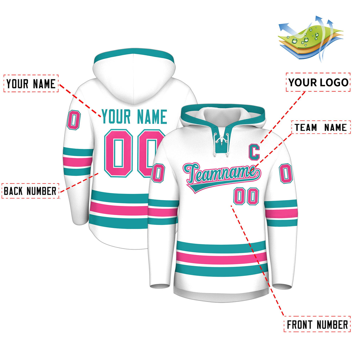 Custom Hockey Hoodie Jersey White Aqua Classic Style for Men&amp;Youth