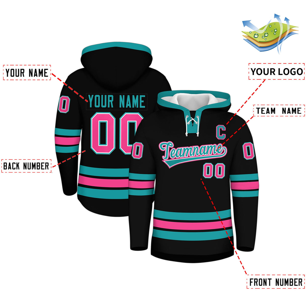 Custom Hockey Hoodie Jersey Black Aqua Classic Style Add Name,Number &amp; Logo
