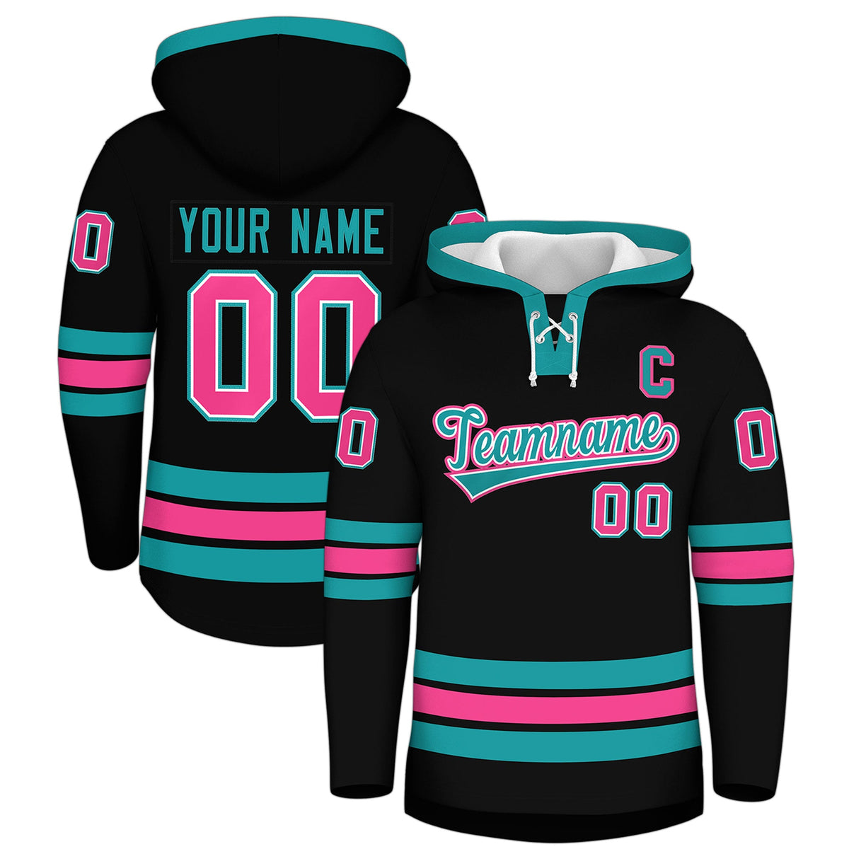 Custom Hockey Hoodie Jersey Black Aqua Classic Style Add Name,Number &amp; Logo