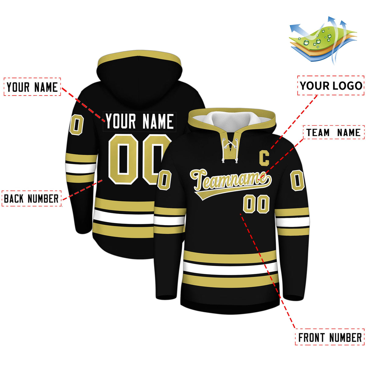 Custom Hockey Hoodie Jersey Black Old Gold Classic Style for Men&amp;Youth
