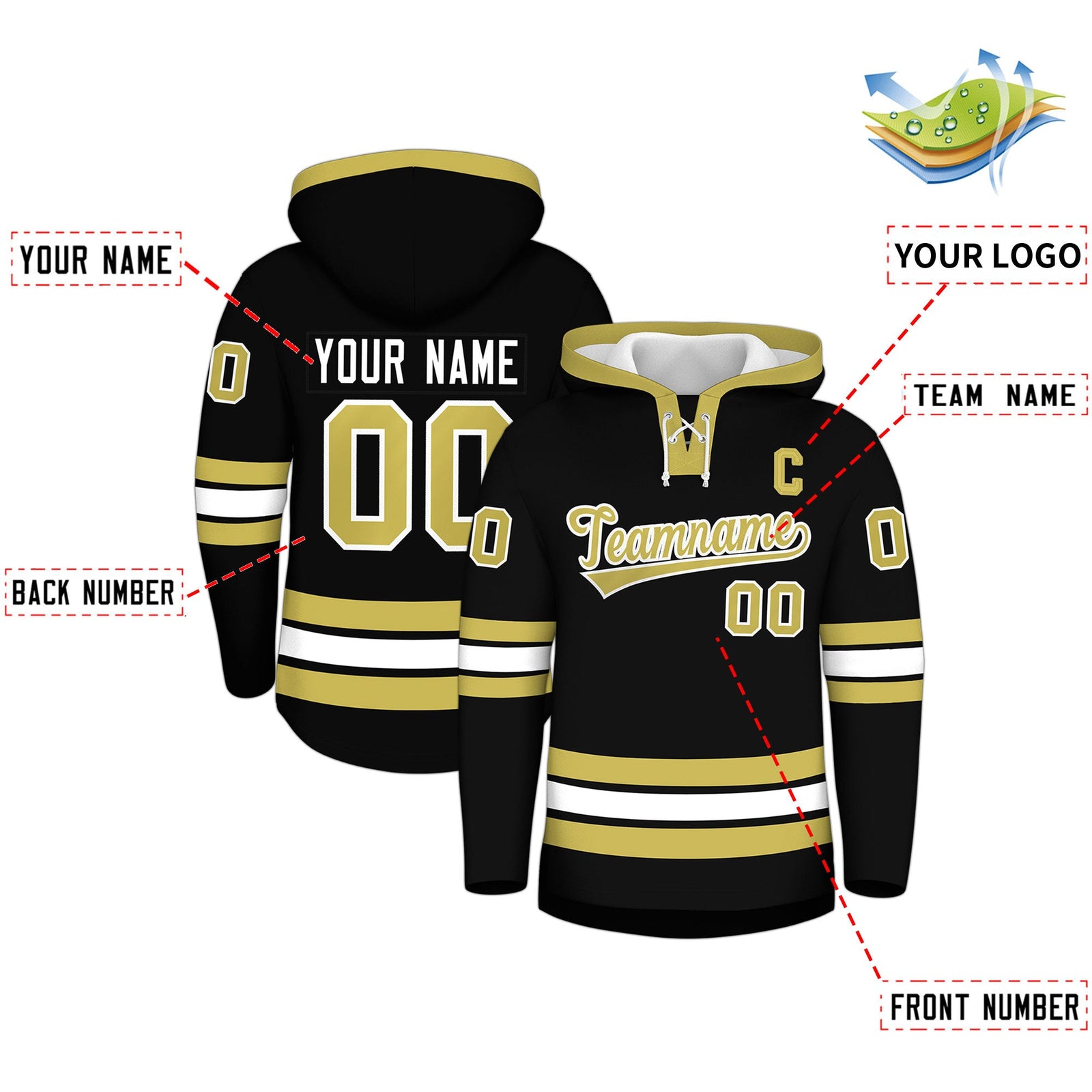 Custom Hockey Hoodie Jersey Black Old Gold Classic Style for Men&Youth