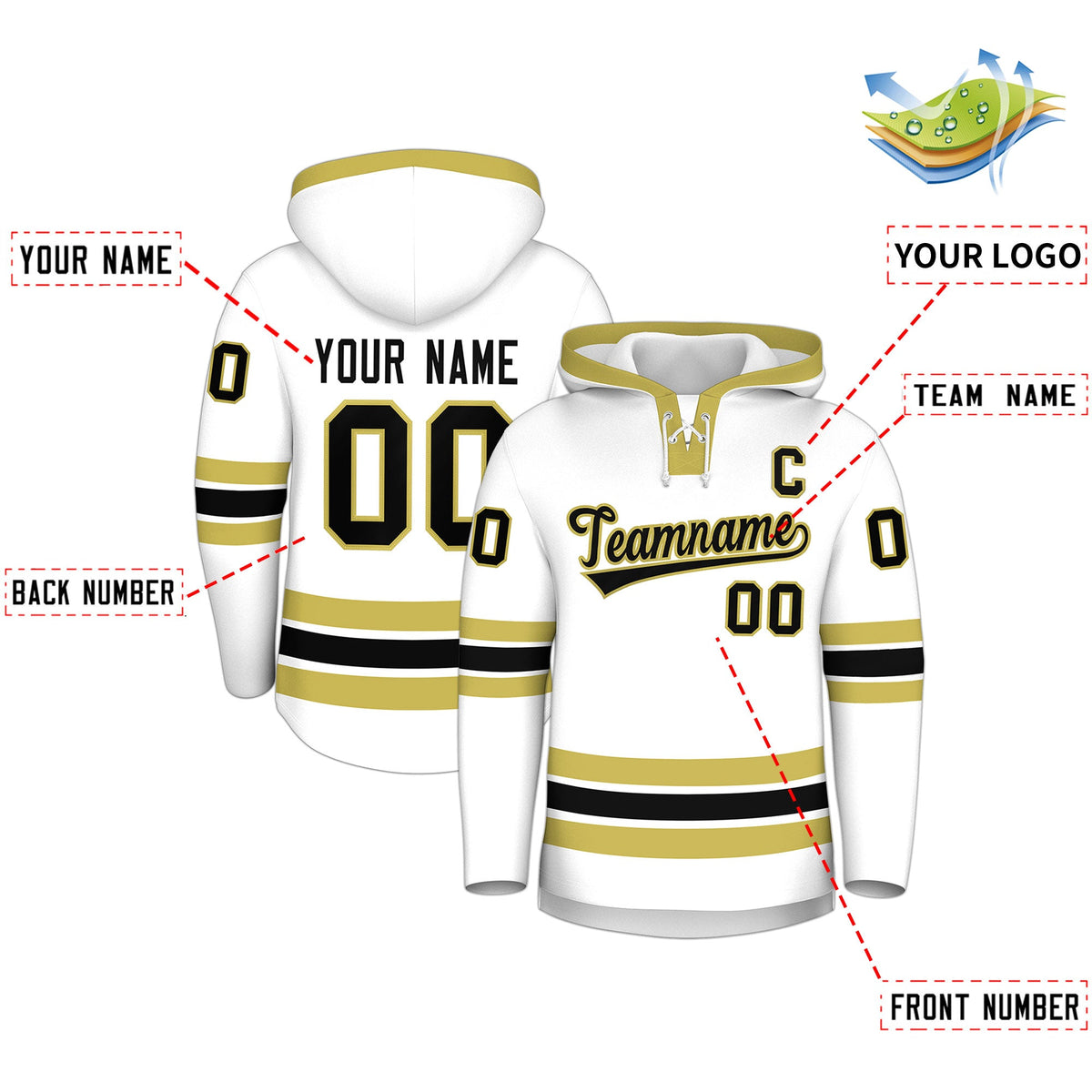 Custom Hockey Hoodie Jersey White Old Gold Classic Style Add Name,Number &amp; Logo