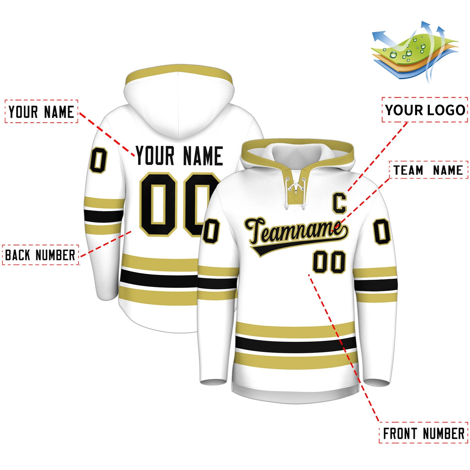 Custom Hockey Hoodie Jersey White Old Gold Classic Style Add Name,Number & Logo