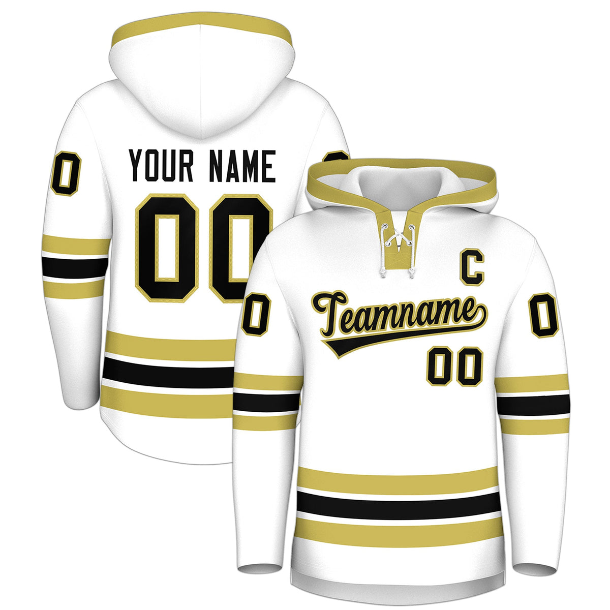 Custom Hockey Hoodie Jersey White Old Gold Classic Style Add Name,Number &amp; Logo