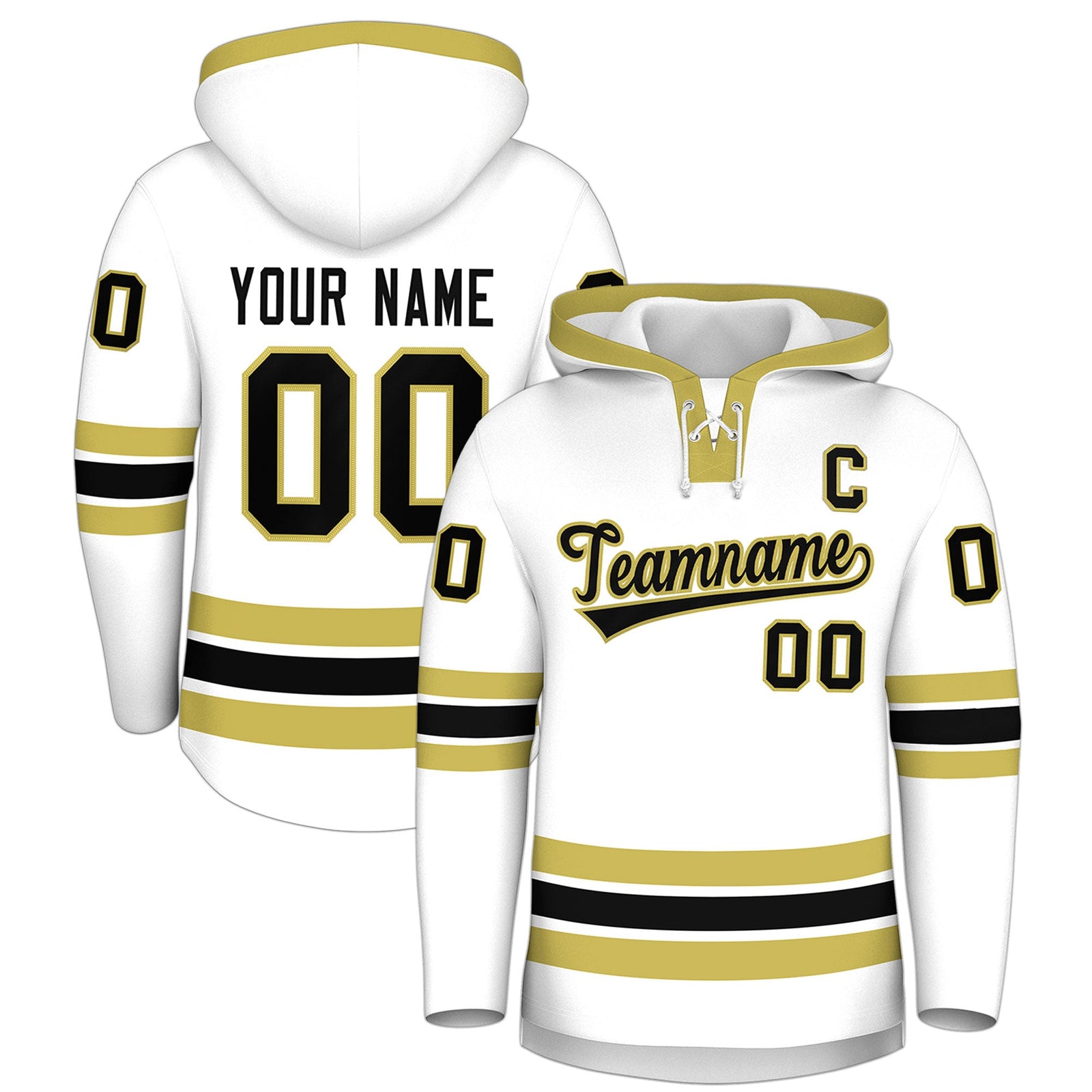Custom Hockey Hoodie Jersey White Old Gold Classic Style Add Name,Number & Logo