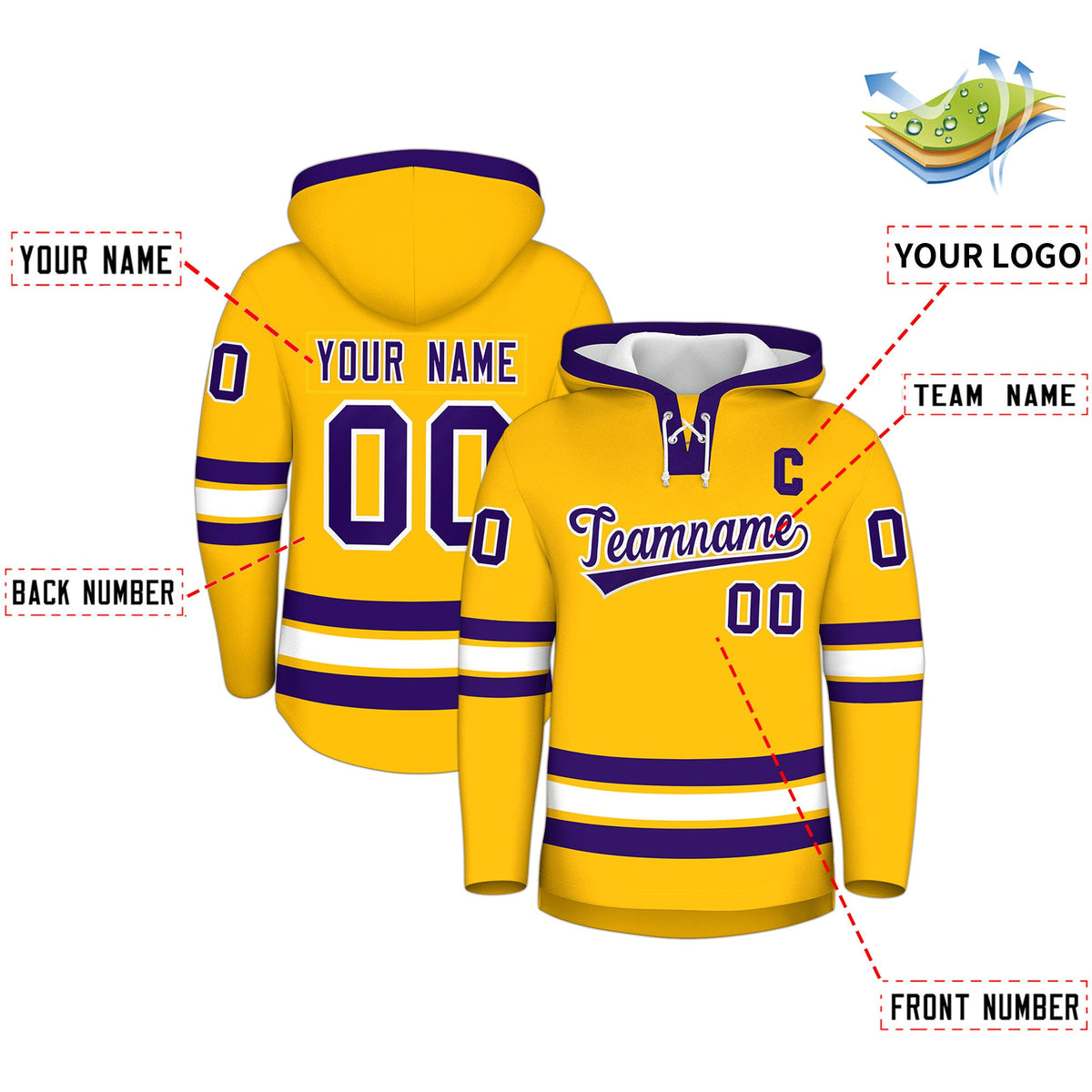 Custom Hockey Hoodie Jersey Gold Purple Classic Style Add Name,Number&amp;Logo