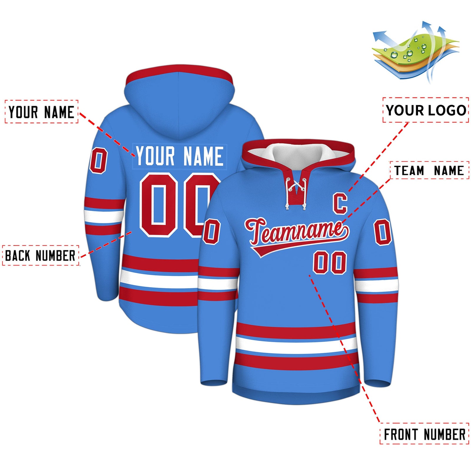 Custom Hockey Hoodie Jersey Powder Blue Red Classic Style for Men&Youth
