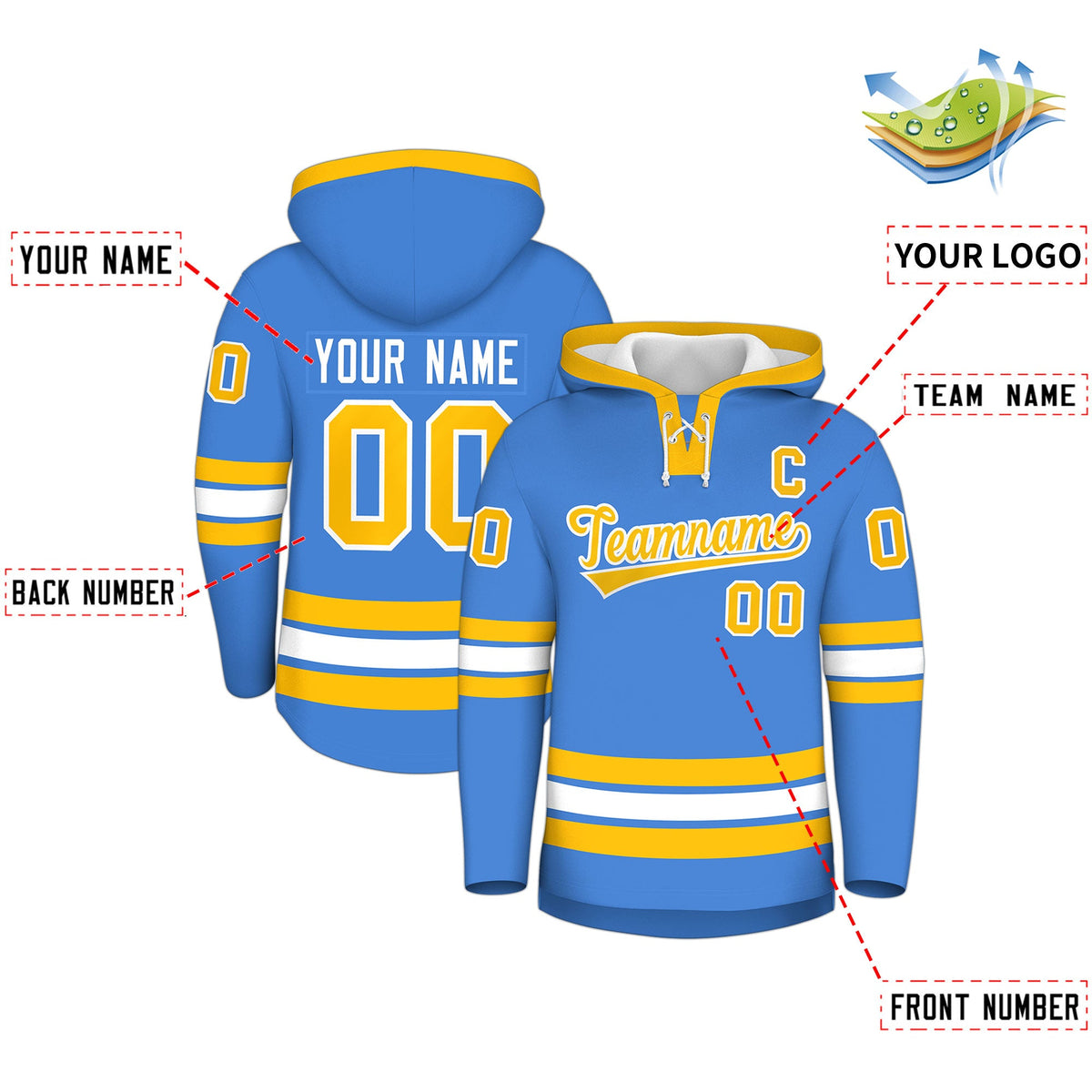 Custom Hockey Hoodie Jersey Powder Blue Gold Classic Style Add Name,Number&amp;Logo