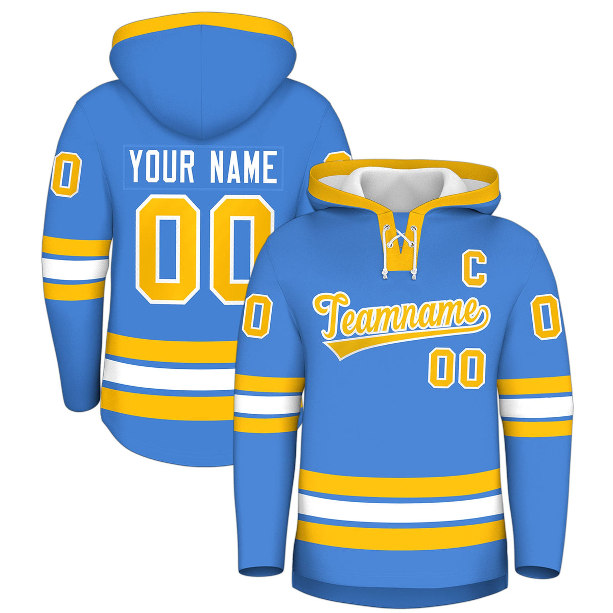 Custom Hockey Hoodie Jersey Powder Blue Gold Classic Style Add Name,Number&amp;Logo