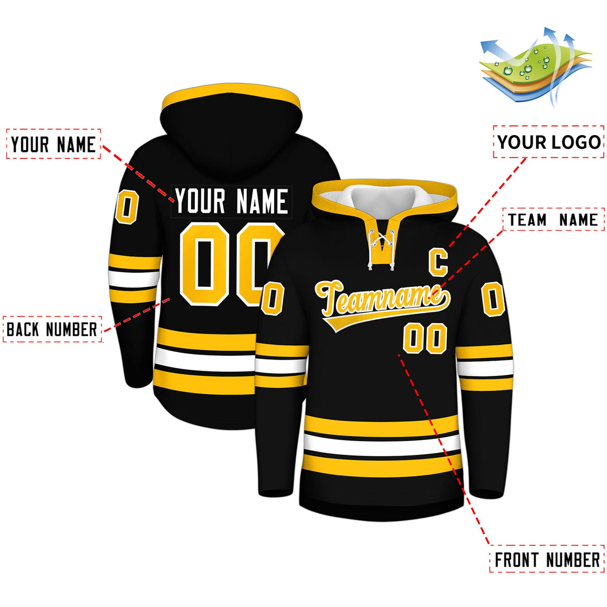 Custom Hockey Hoodie Jersey Black Gold Classic Style for Men&amp;Youth