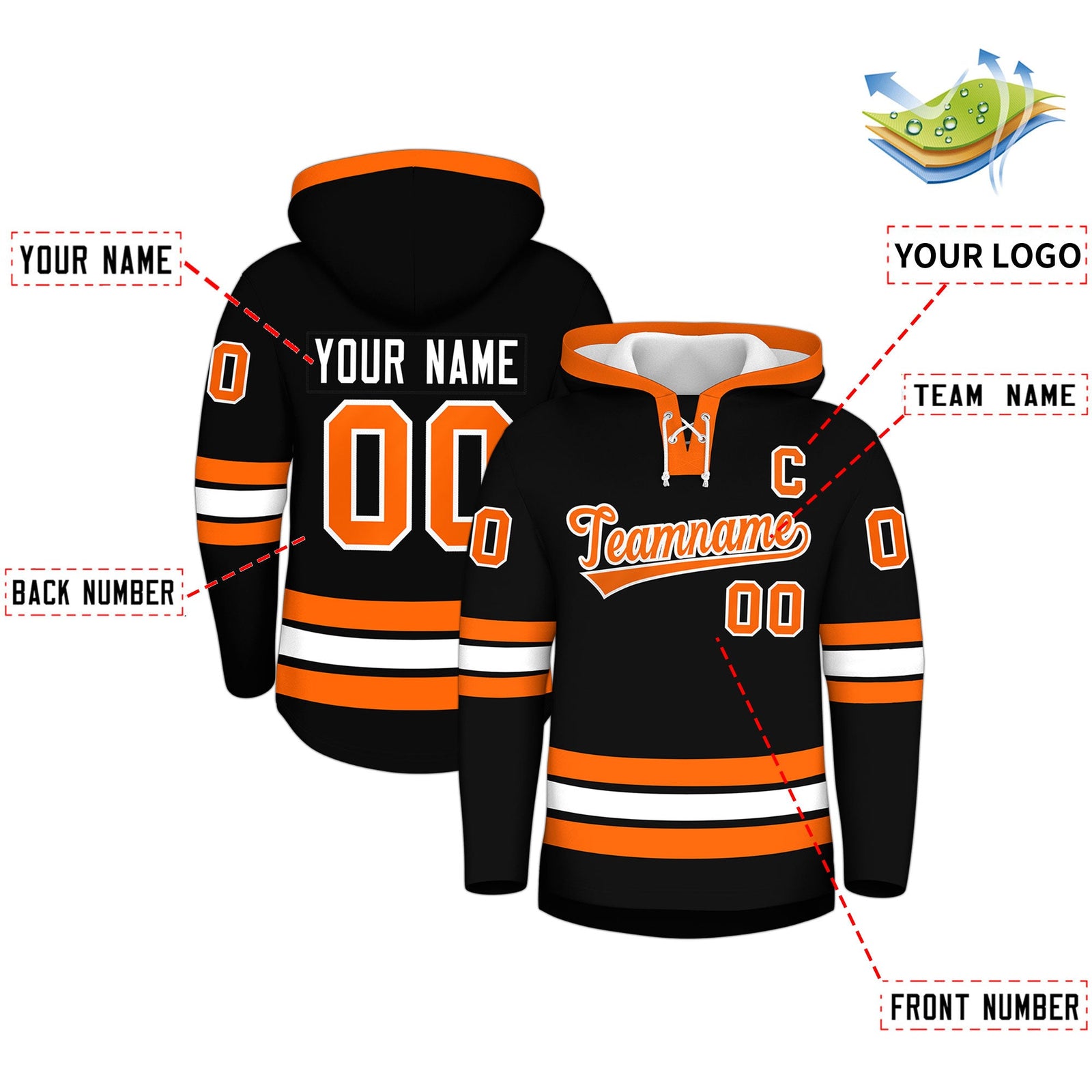 Custom Hockey Hoodie Jersey Black Orange Classic Style Add Name,Number&Logo