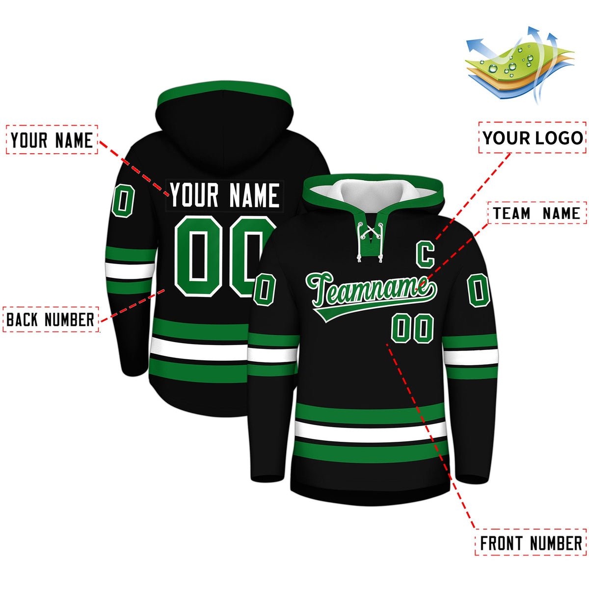Custom Hockey Hoodie Jersey Black Kelly Green Classic Style for Men&amp;Youth