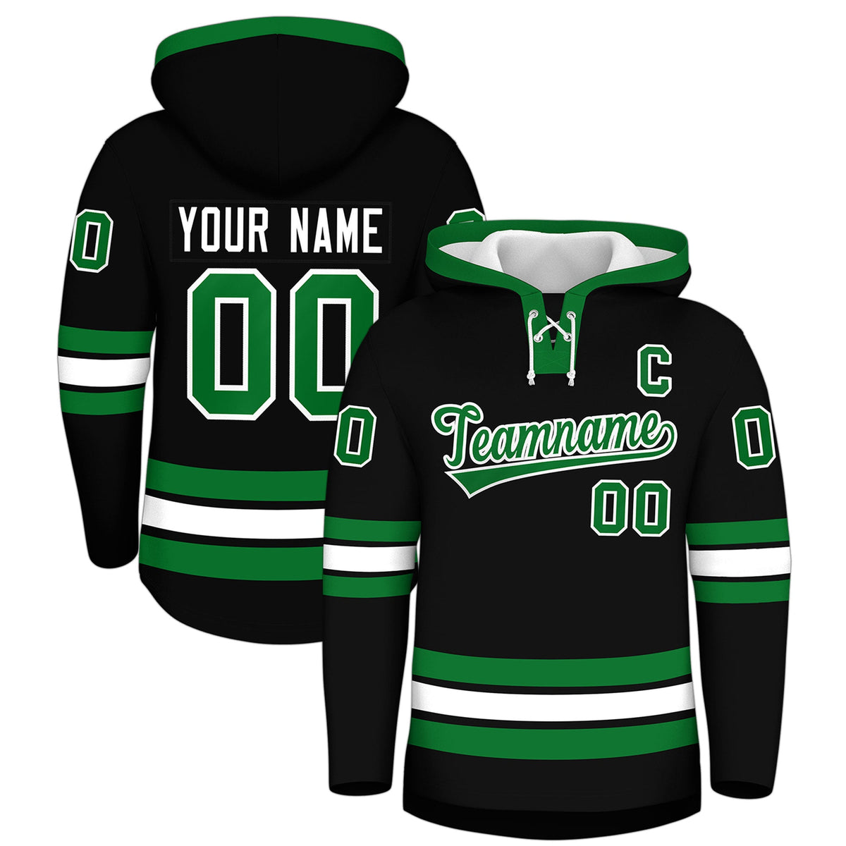 Custom Hockey Hoodie Jersey Black Kelly Green Classic Style for Men&amp;Youth