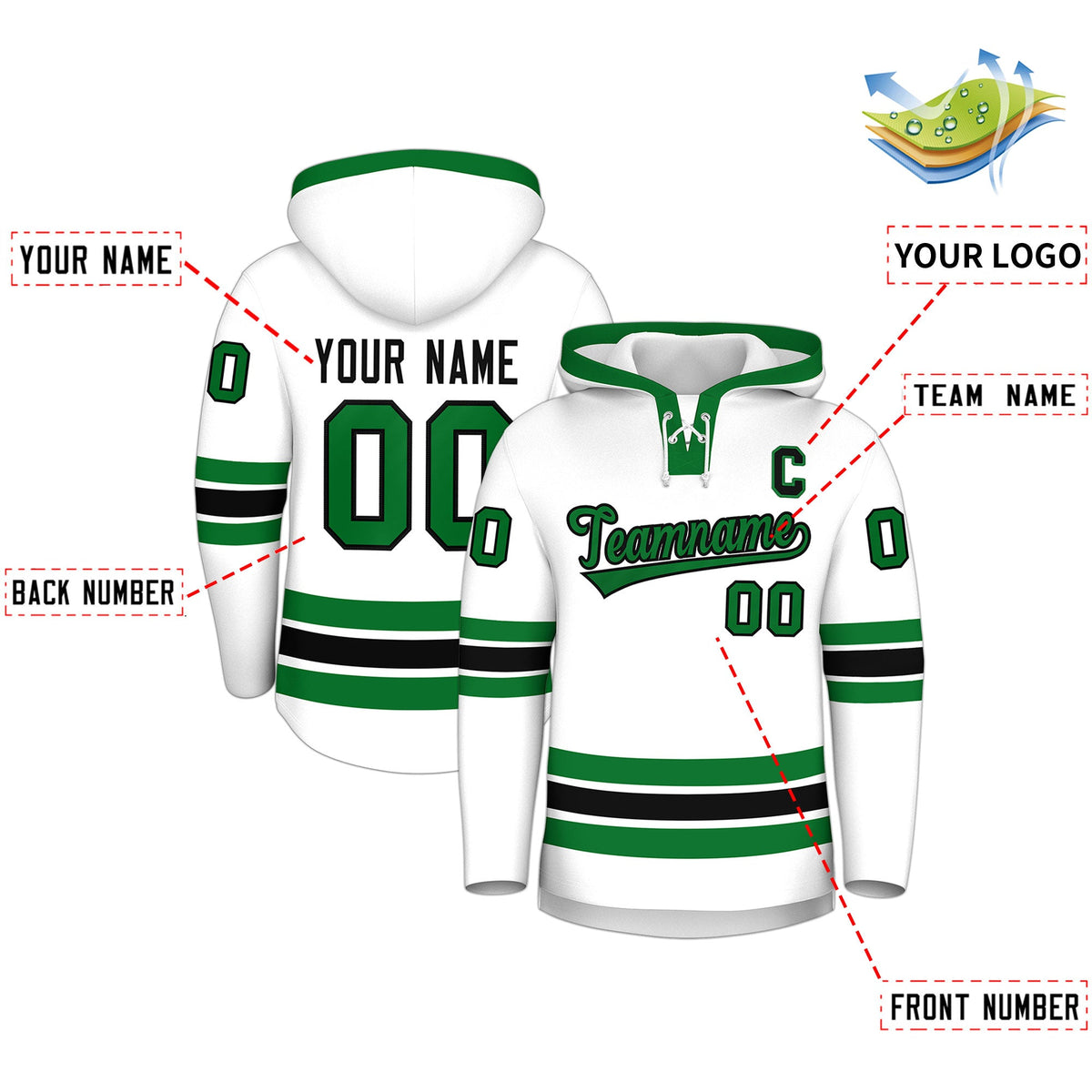 Custom Hockey Hoodie Jersey White Kelly Green Classic Style Add Name,Number&amp;Logo