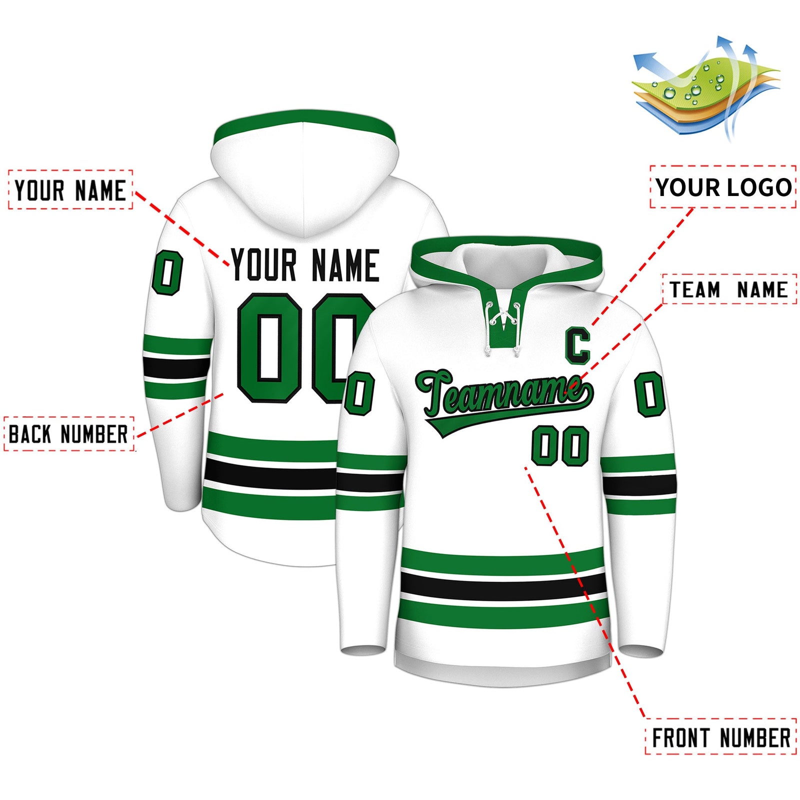 Custom Hockey Hoodie Jersey White Kelly Green Classic Style Add Name,Number&Logo