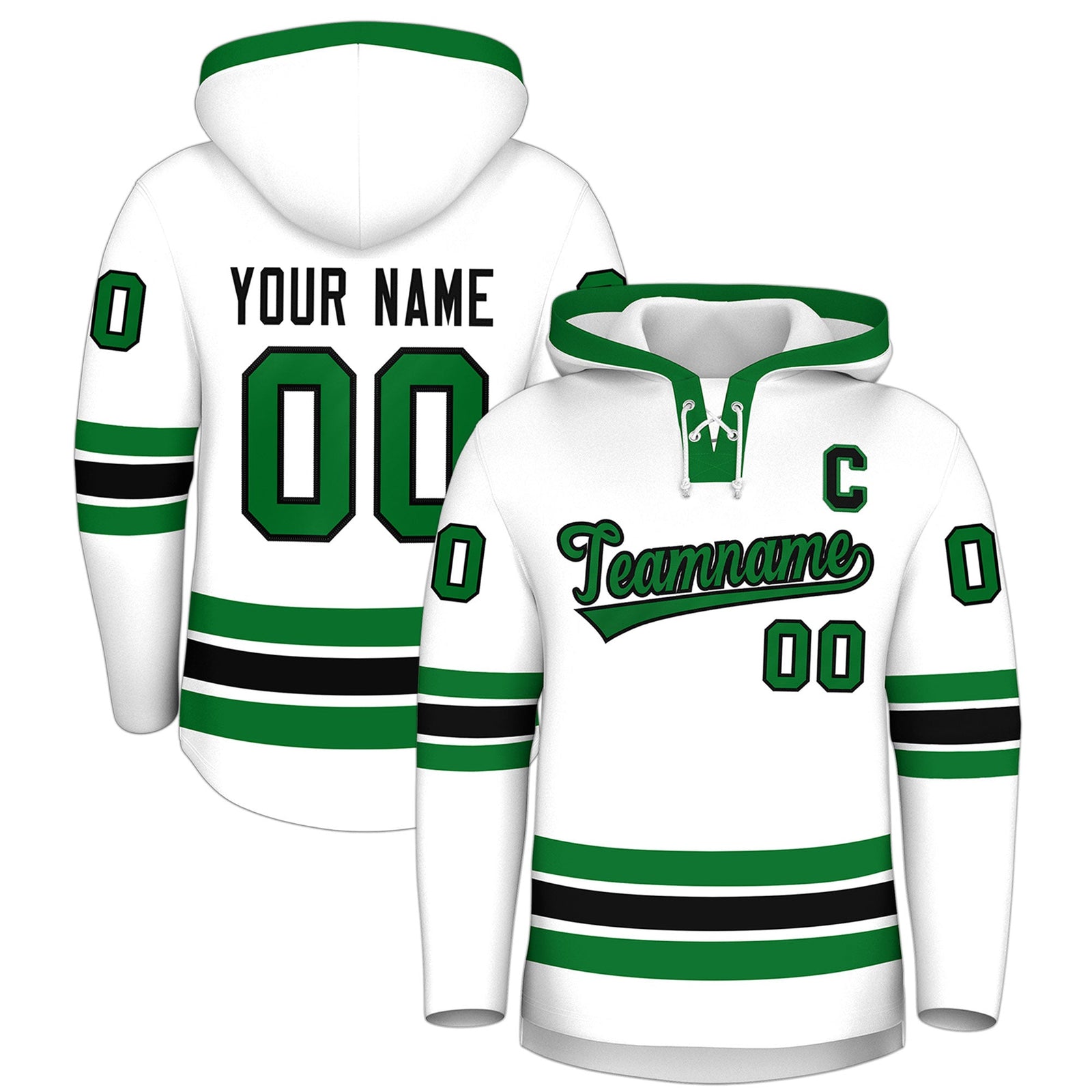 Custom Hockey Hoodie Jersey White Kelly Green Classic Style Add Name,Number&Logo