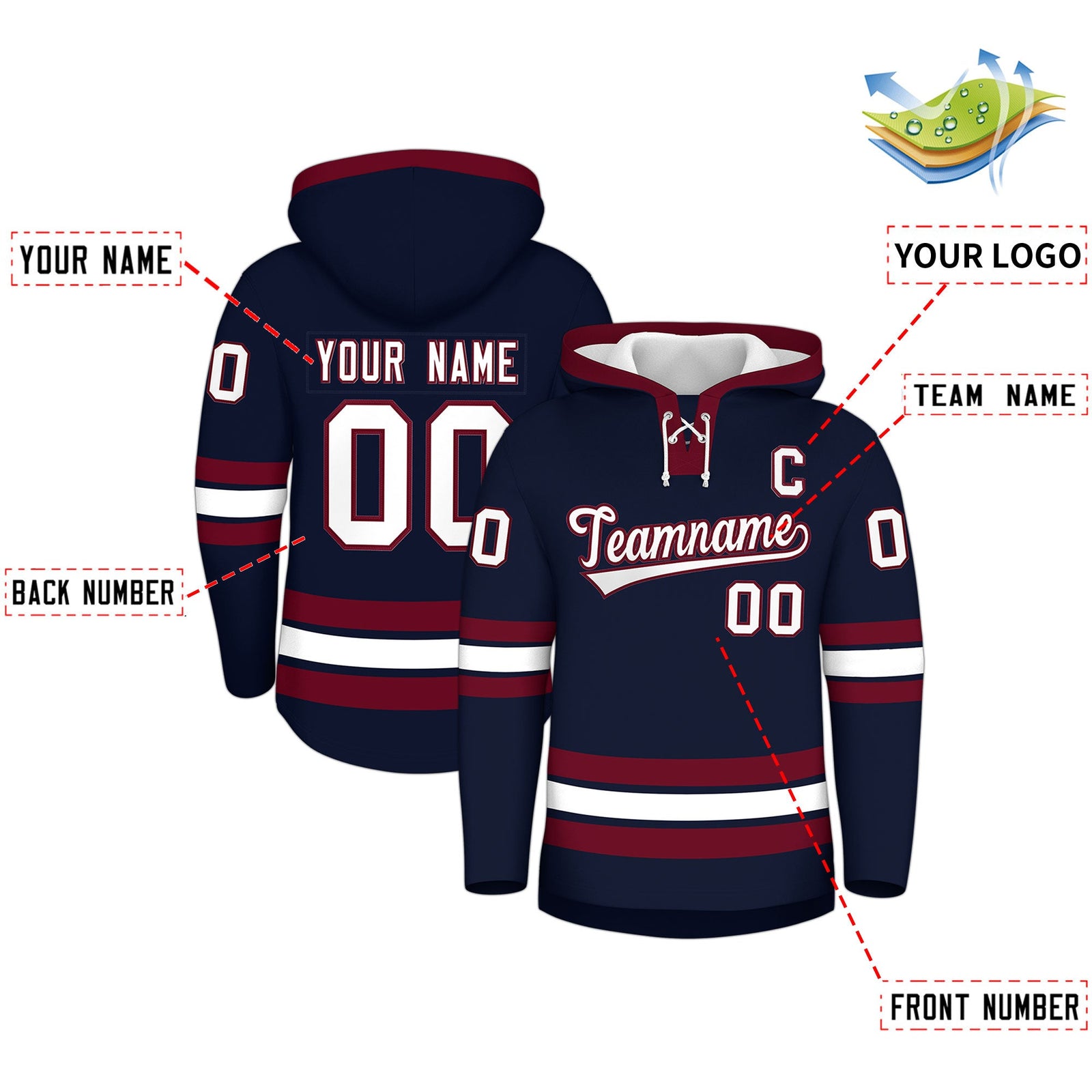 Custom Hockey Hoodie Jersey Navy Crimson Classic Style Add Name,Number&Logo
