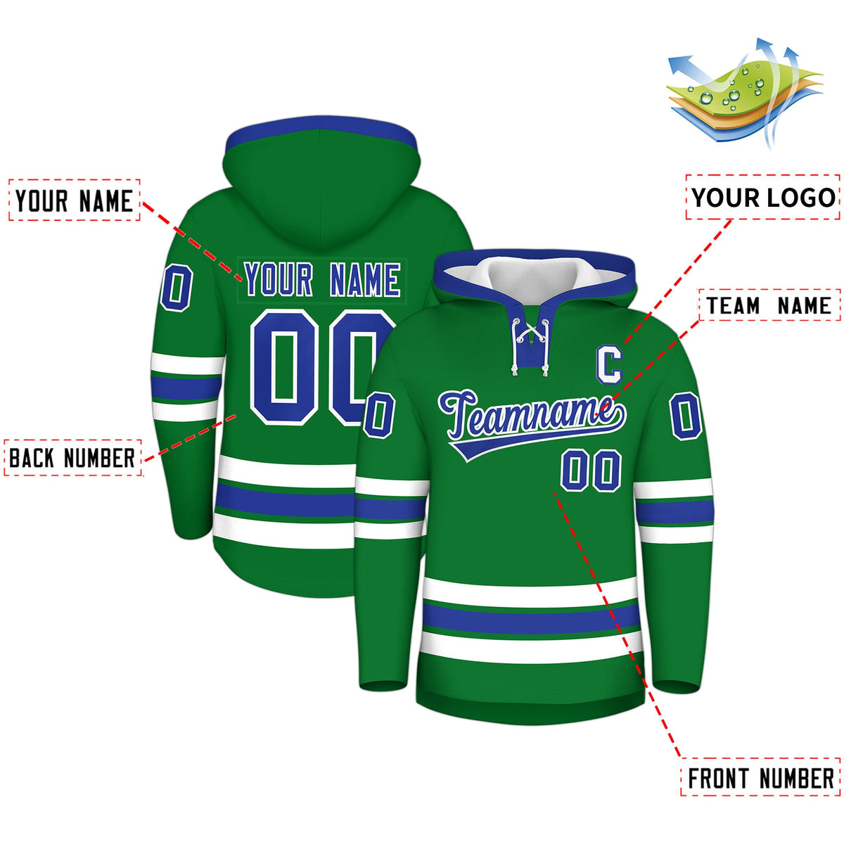 Custom Hockey Hoodie Jersey Kelly Green Royal Blue Classic Style Add Name,Number&amp;Logo