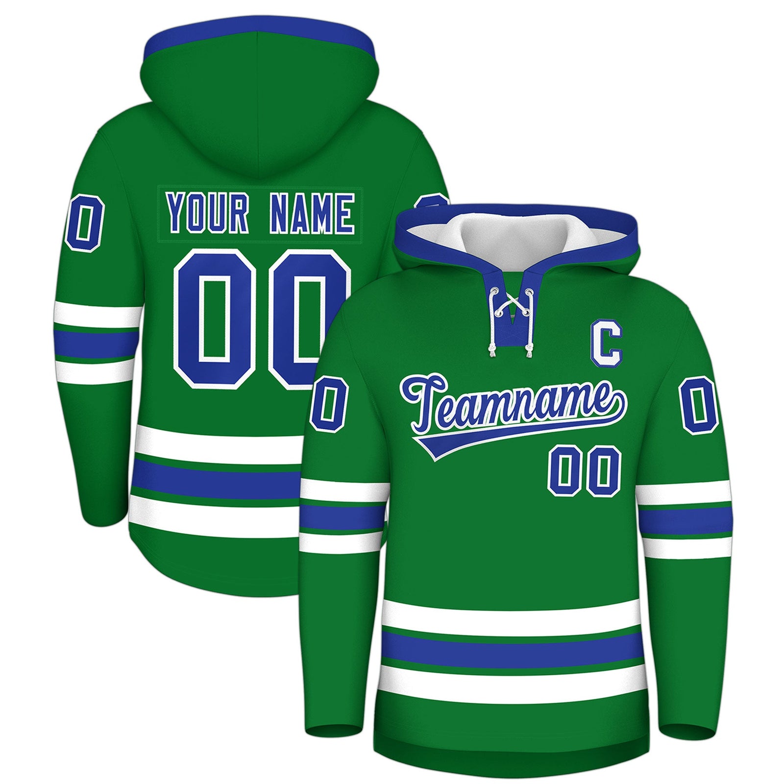 Custom Hockey Hoodie Jersey Kelly Green Royal Blue Classic Style Add Name,Number&Logo
