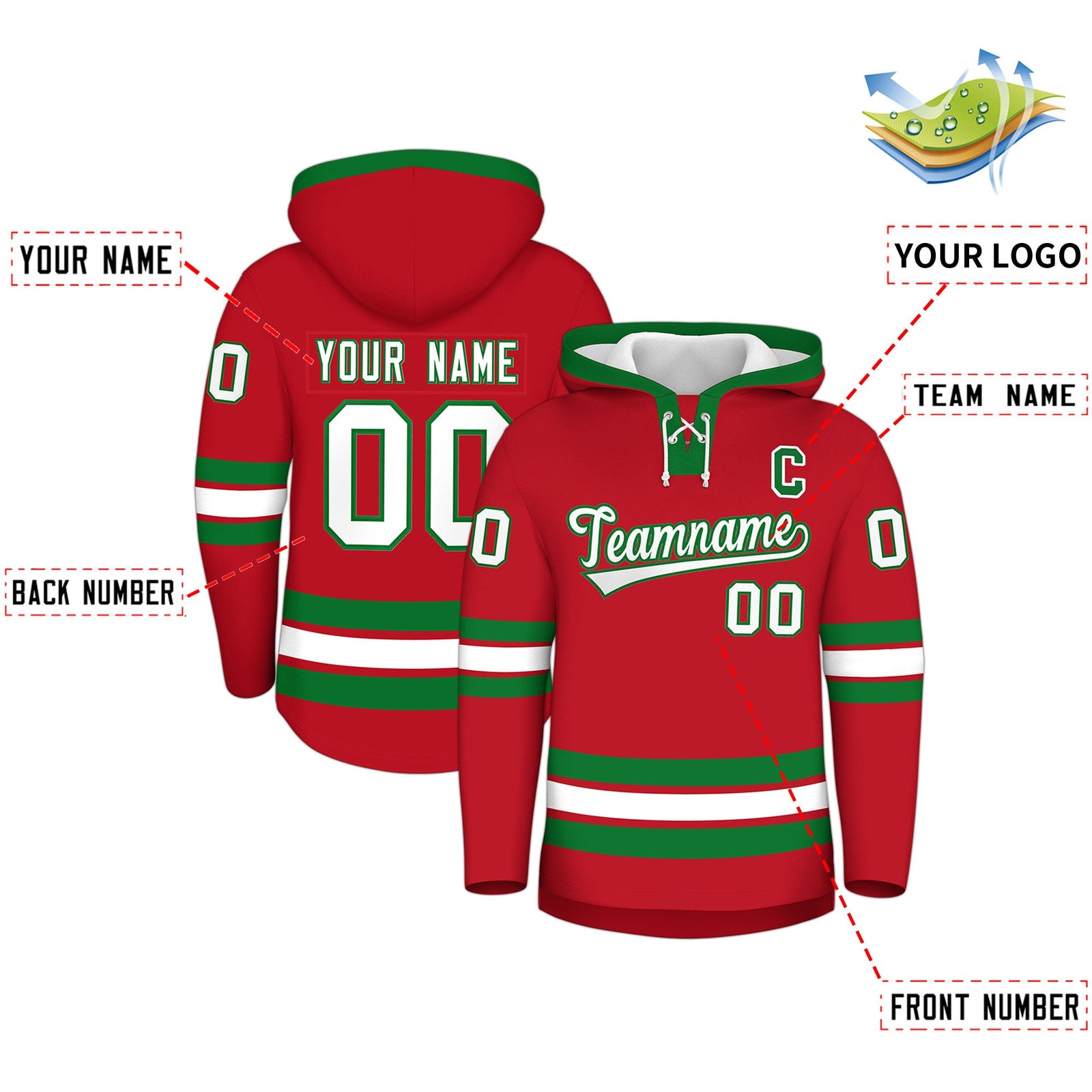 Custom Hockey Hoodie Jersey Red Kelly Green Classic Style for Men&Youth