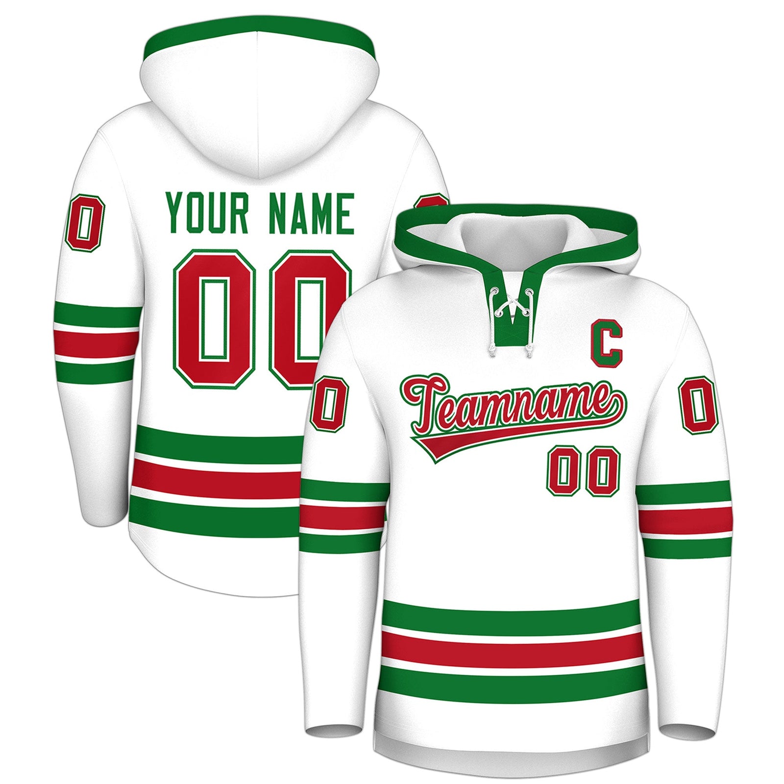 Custom Hockey Hoodie Jersey White Kelly Green Classic Style Add Name,Number&Logo