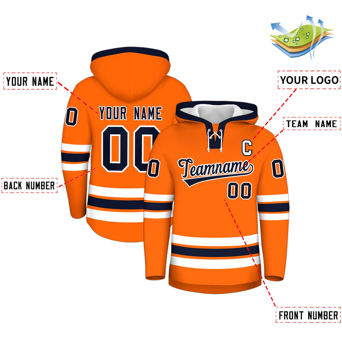 Custom Hockey Hoodie Jersey Orange Navy Classic Style Add Name,Number&amp;Logo