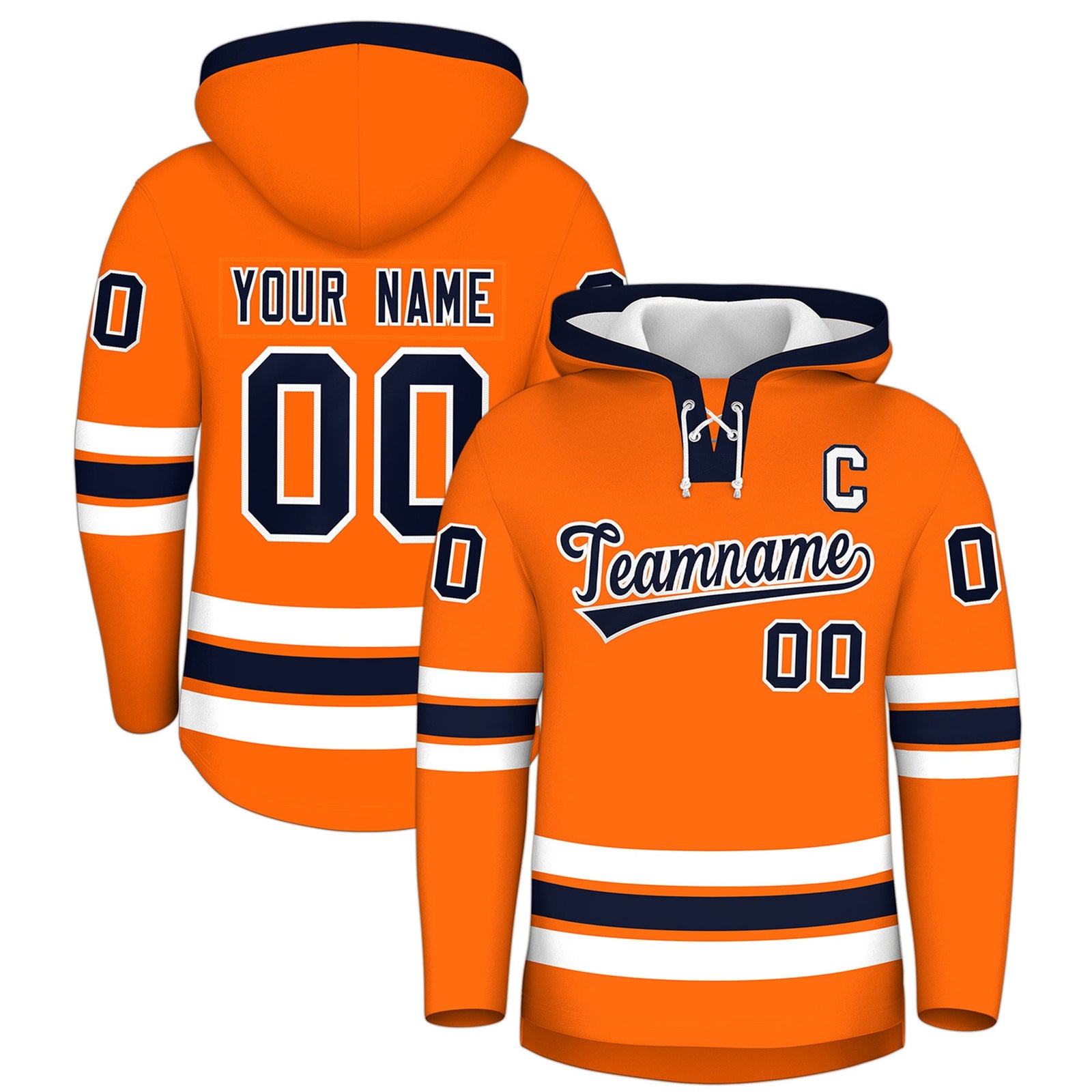 Custom Hockey Hoodie Jersey Orange Navy Classic Style Add Name,Number&Logo