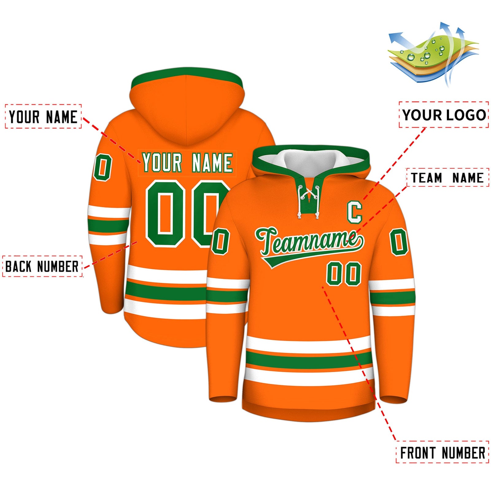 Custom Hockey Hoodie Jersey Orange Kelly Green Classic Style Add Name,Number&Logo