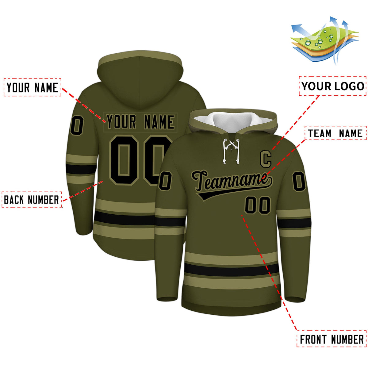 Custom Hockey Hoodie Jersey Olive Black Classic Style Add Name,Number &amp; Logo