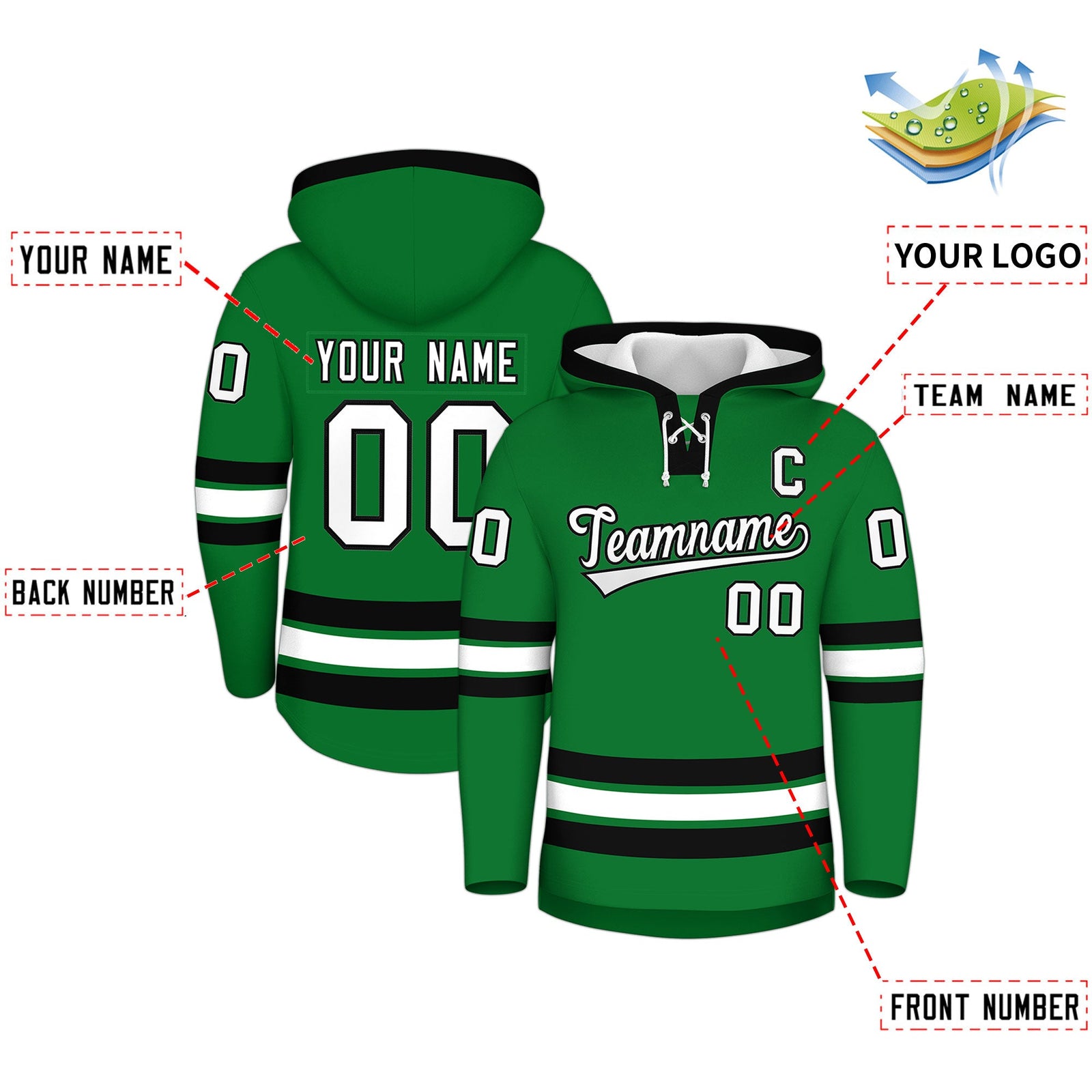 Custom Hockey Hoodie Jersey Kelly Green Black Classic Style for Men&Youth