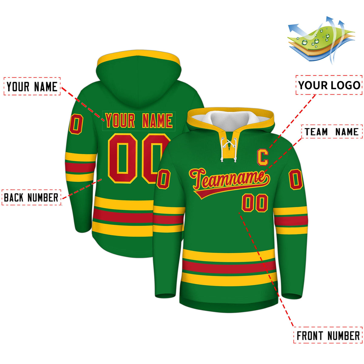 Custom Hockey Hoodie Jersey Kelly Green Red Classic Style Add Name,Number&amp;Logo