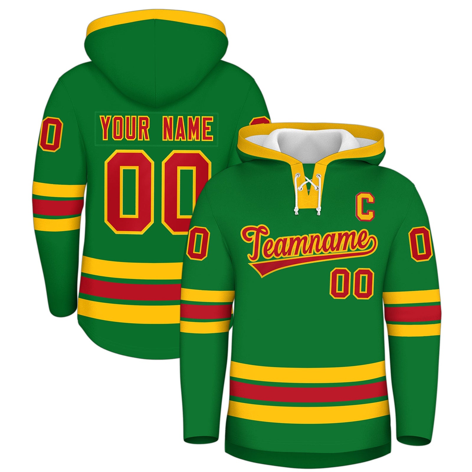 Custom Hockey Hoodie Jersey Kelly Green Red Classic Style Add Name,Number&Logo