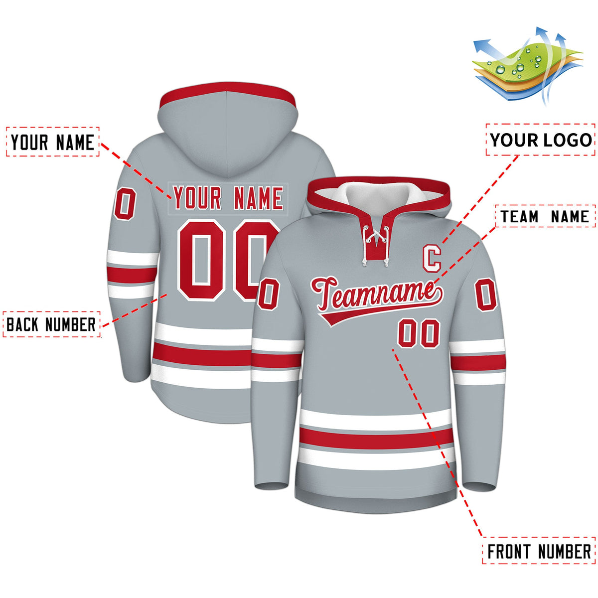 Custom Hockey Hoodie Jersey Silver Red Classic Style for Men&amp;Youth