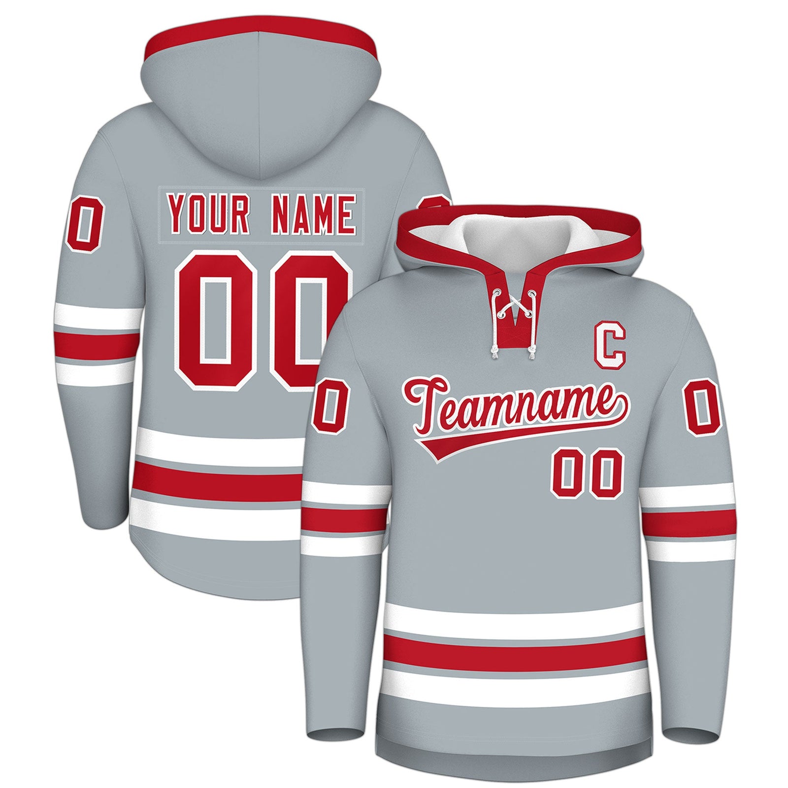 Custom Hockey Hoodie Jersey Silver Red Classic Style for Men&Youth