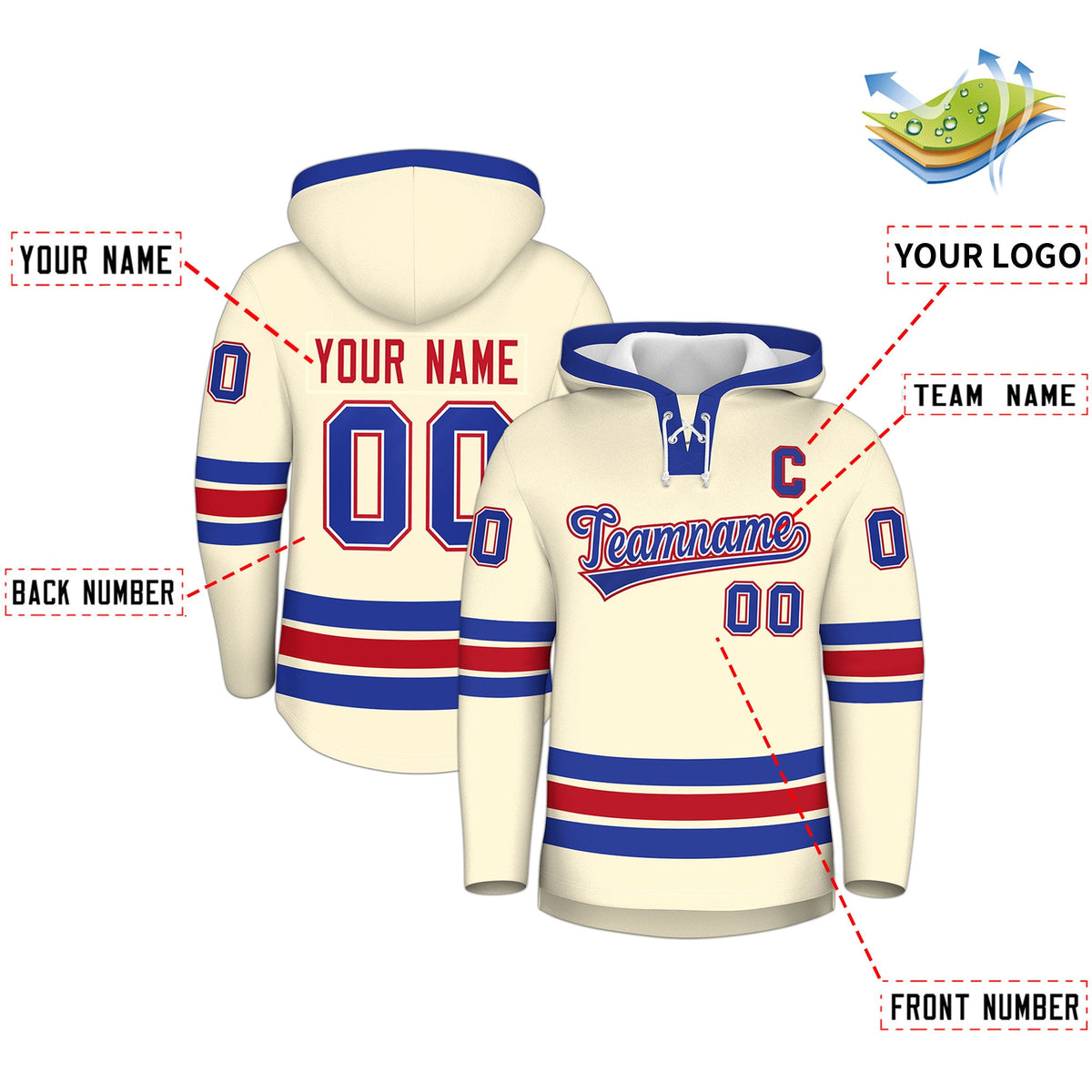 Custom Hockey Hoodie Jersey Cream Royal Blue Classic Style Add Name,Number &amp; Logo