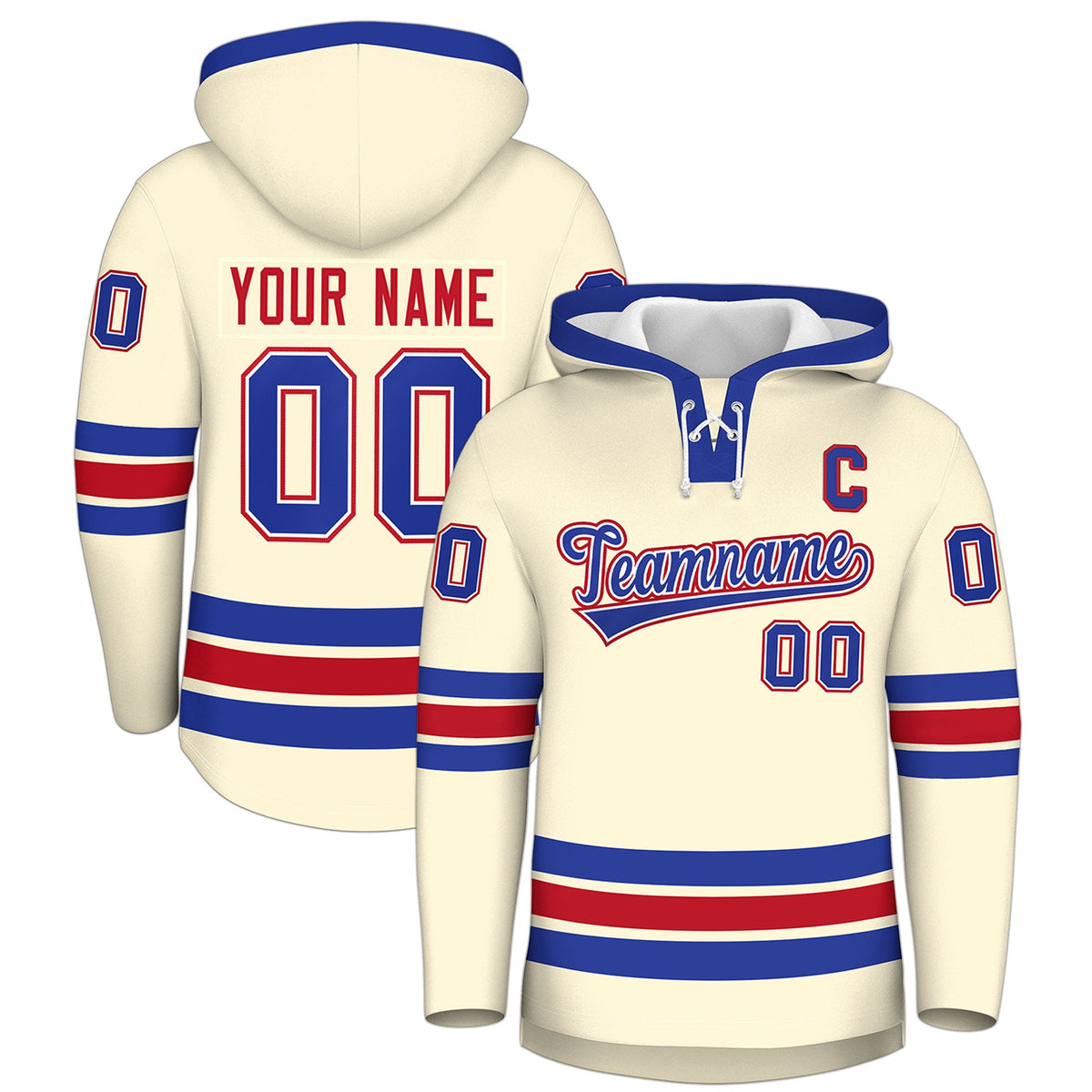 Custom Hockey Hoodie Jersey Cream Royal Blue Classic Style Add Name,Number &amp; Logo