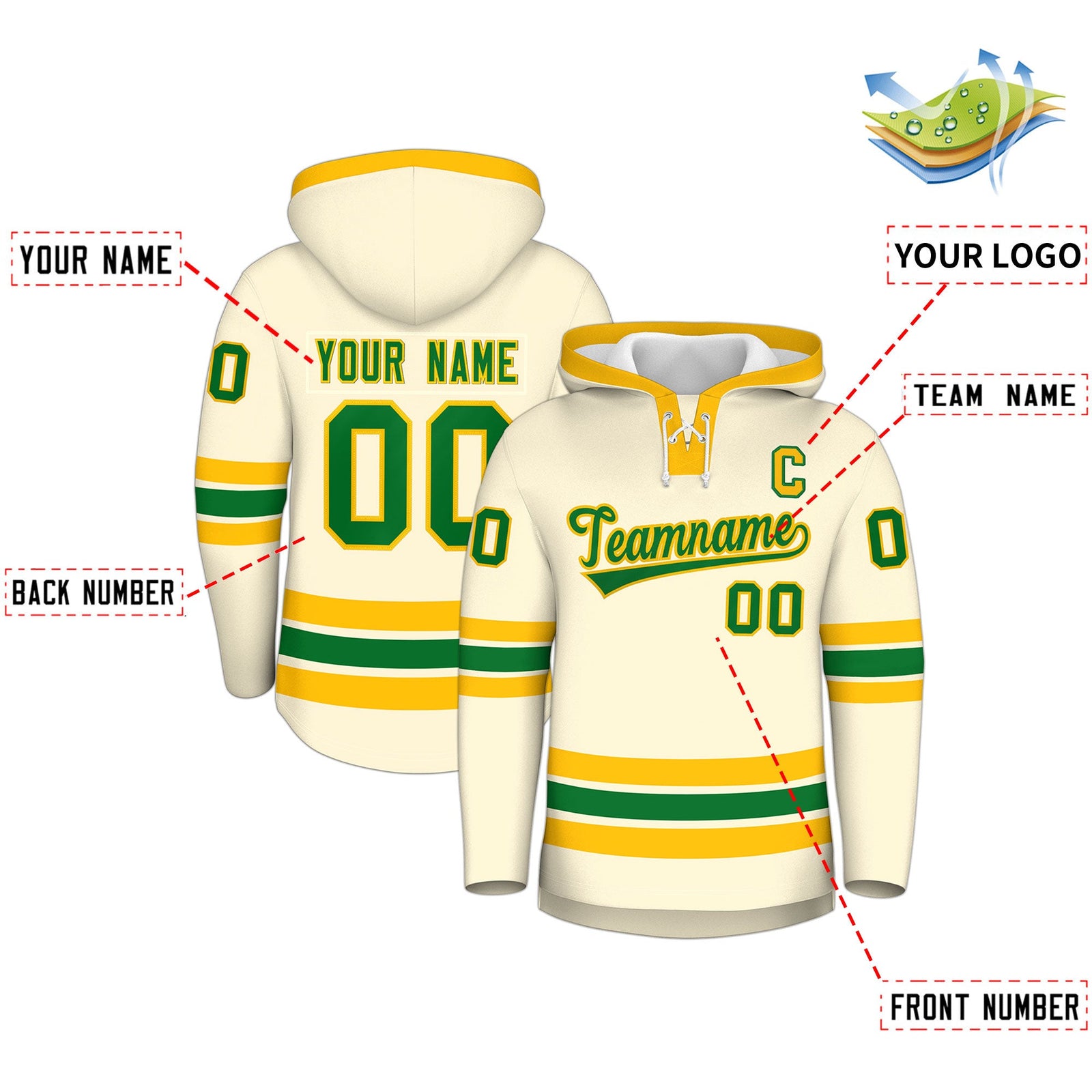 Custom Hockey Hoodie Jersey Cream Kelly Green Classic Style Add Name,Number&Logo