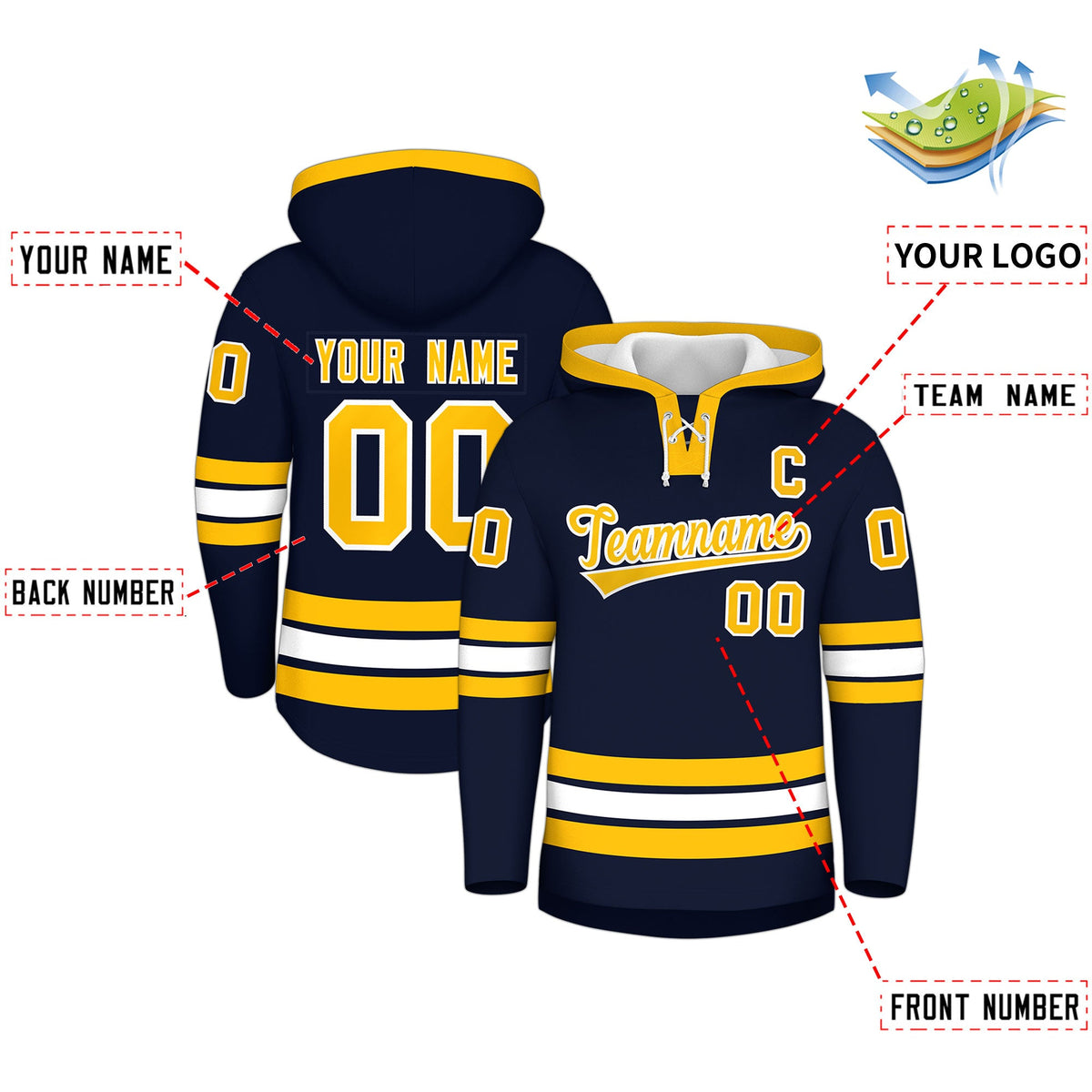 Custom Hockey Hoodie Jersey Navy White Classic Style Add Name,Number &amp; Logo