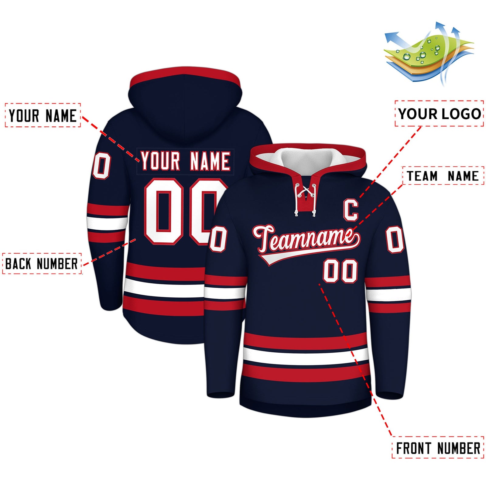 Custom Hockey Hoodie Jersey Navy Red Classic Style for Men&Youth
