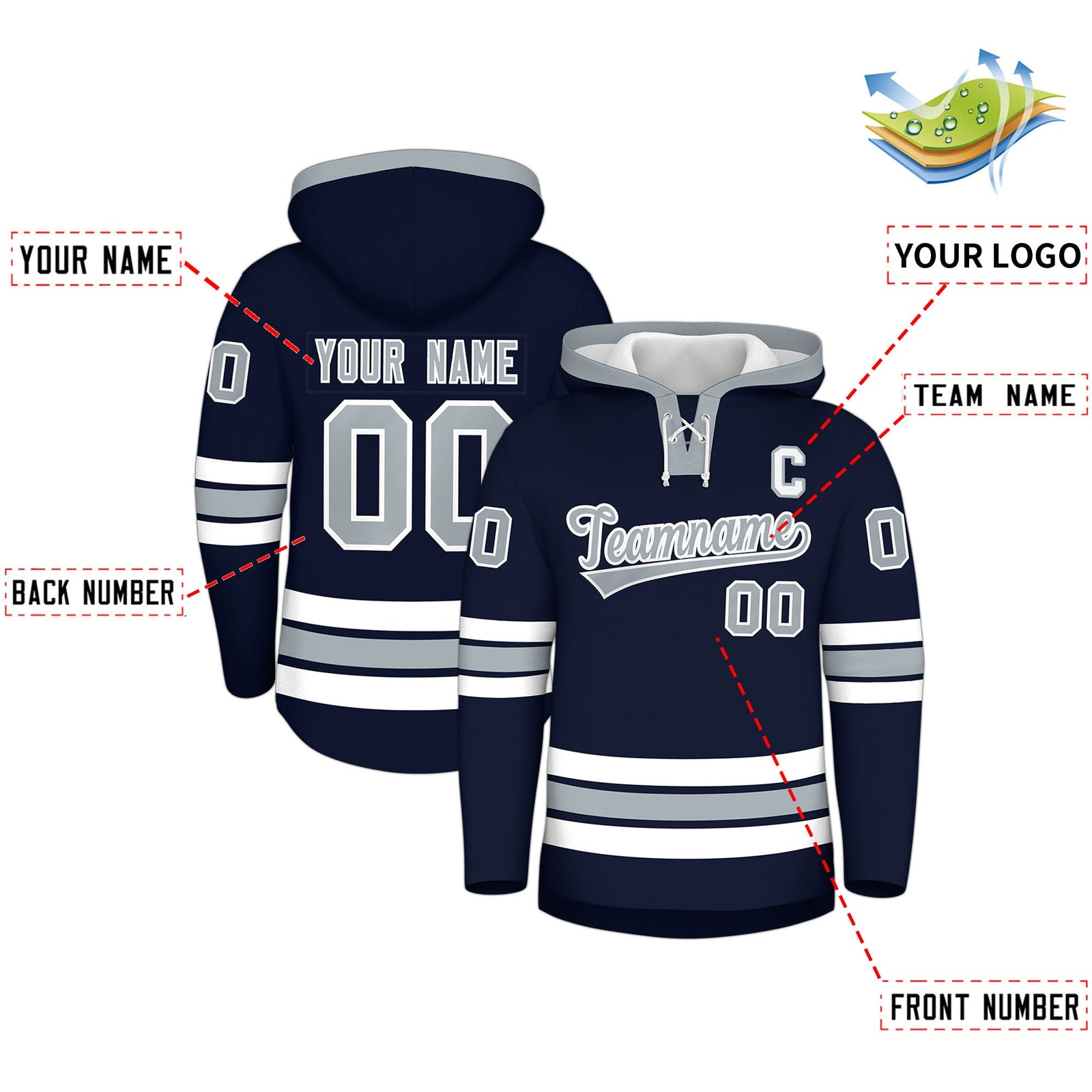 Custom Hockey Hoodie Jersey Navy Silver Classic Style Add Name,Number & Logo