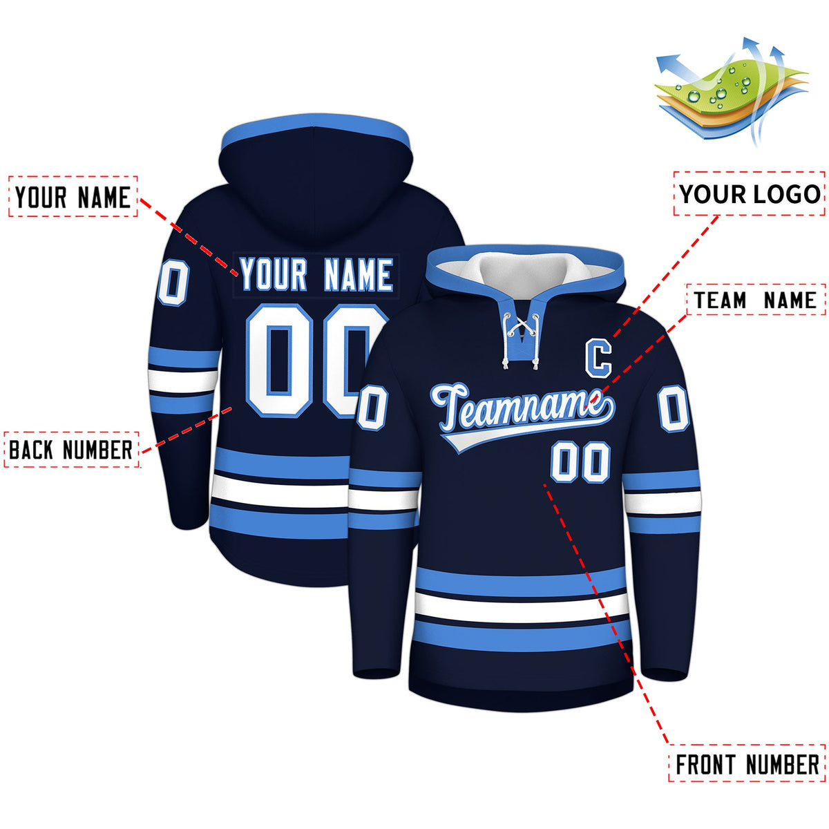 Custom Hockey Hoodie Jersey Navy Powder Blue Classic Style for Men&amp;Youth