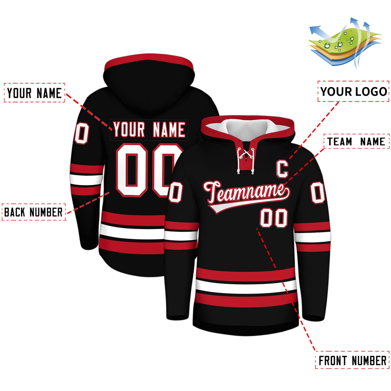 Custom Hockey Hoodie Jersey Black Red Classic Style Add Name,Number&Logo