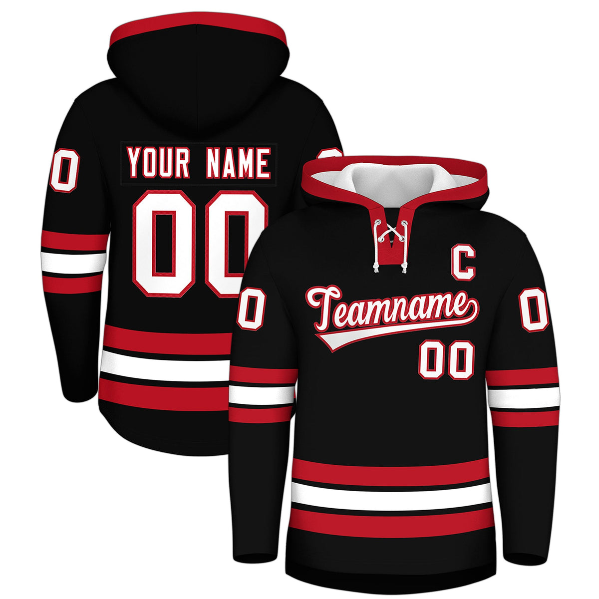 Custom Hockey Hoodie Jersey Black Red Classic Style Add Name,Number&amp;Logo