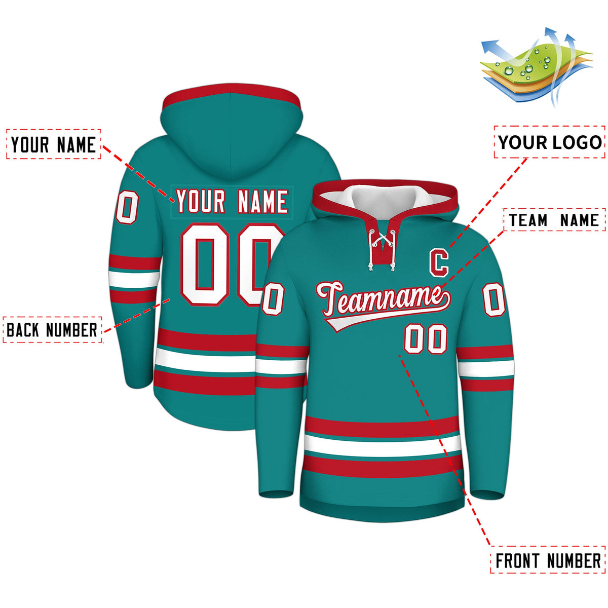 Custom Hockey Hoodie Jersey Teal Red Classic Style for Men&amp;Youth