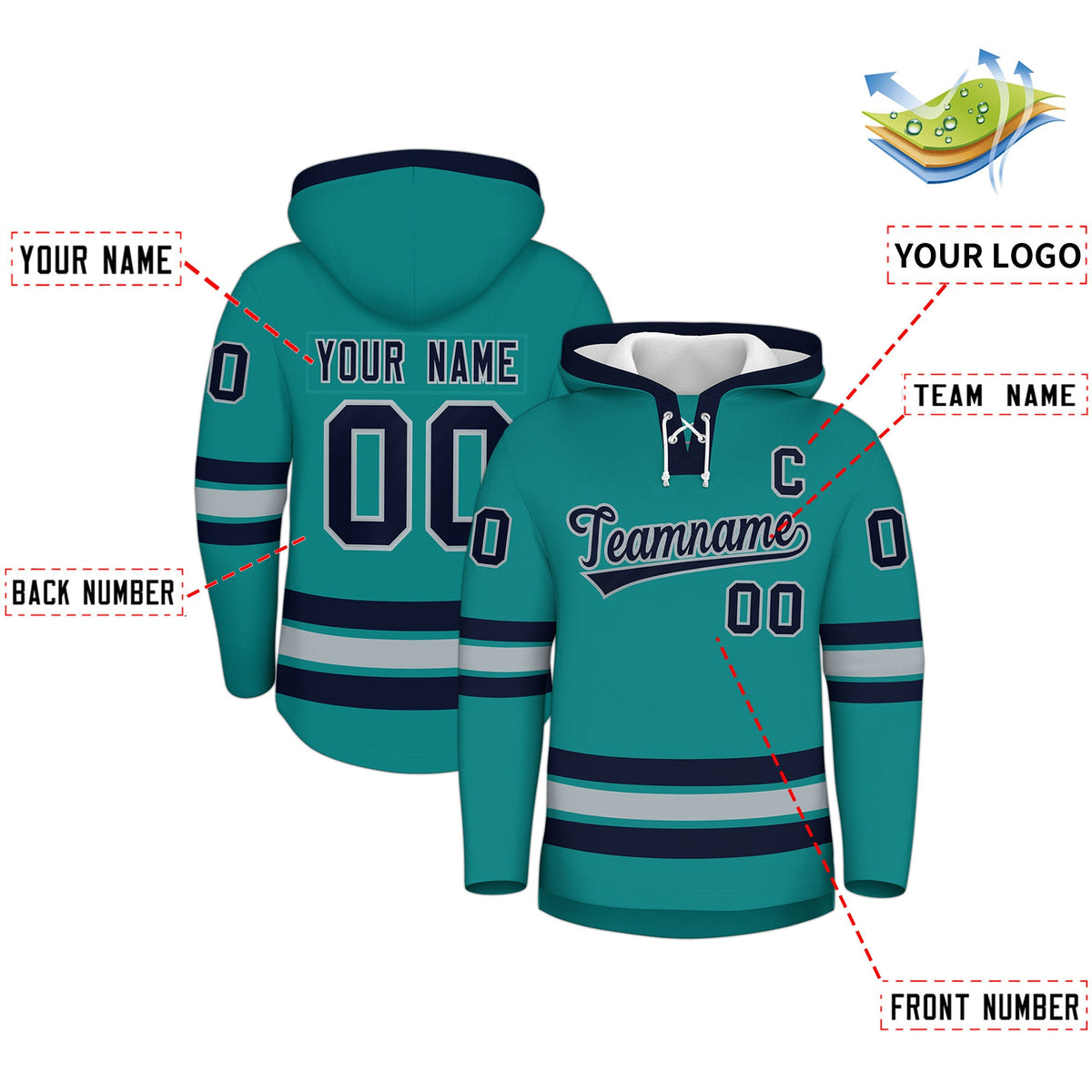 Custom Hockey Hoodie Jersey Teal Navy Classic Style Add Name,Number &amp; Logo