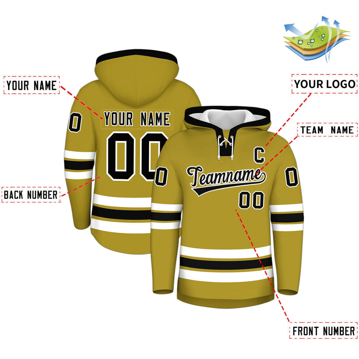 Custom Hockey Hoodie Jersey Old Gold Black Classic Style for Men&amp;Youth